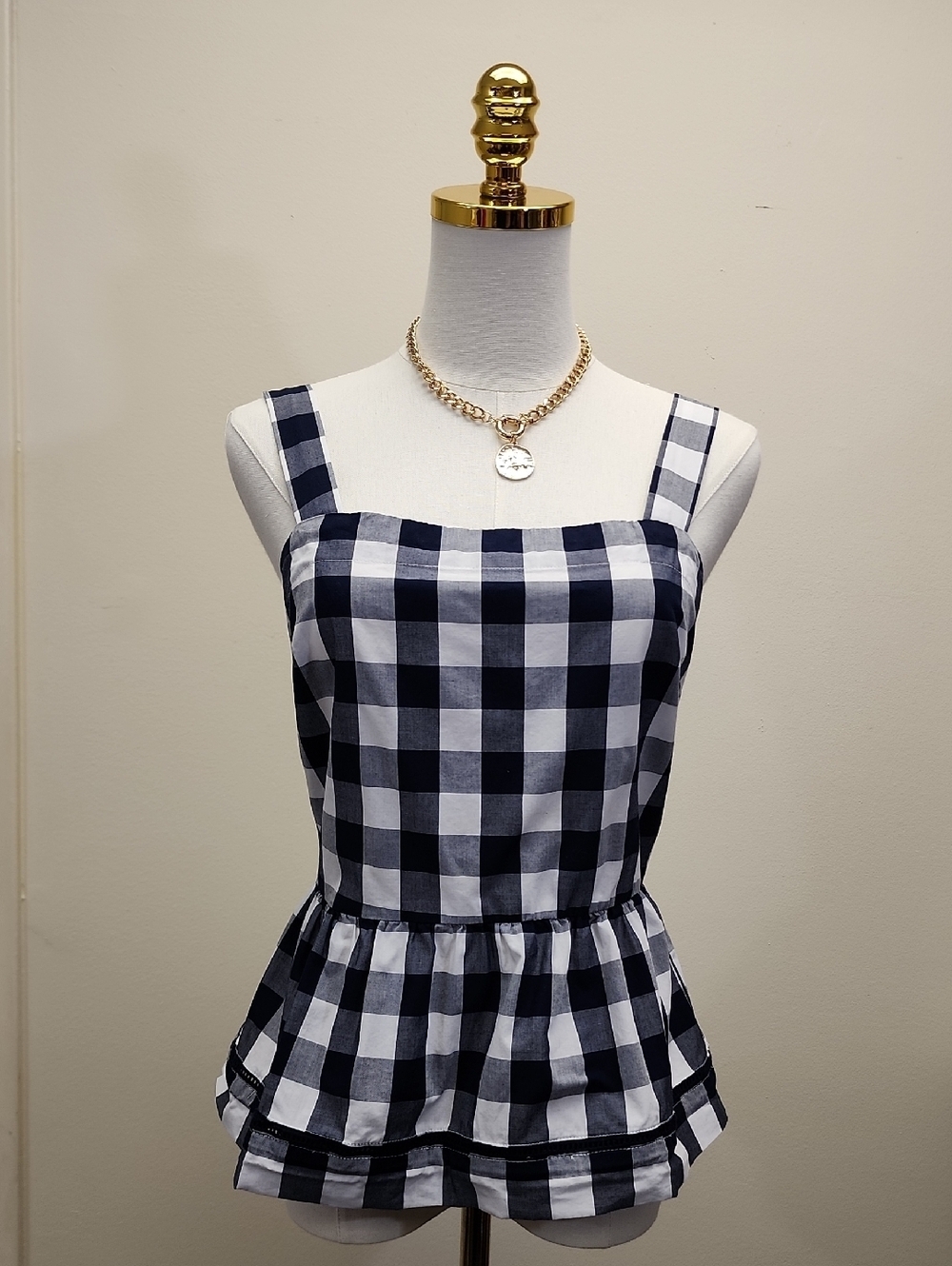Maison Jules Gingham Peplum Tank Top Cottagecore Picnic Black White Size Small